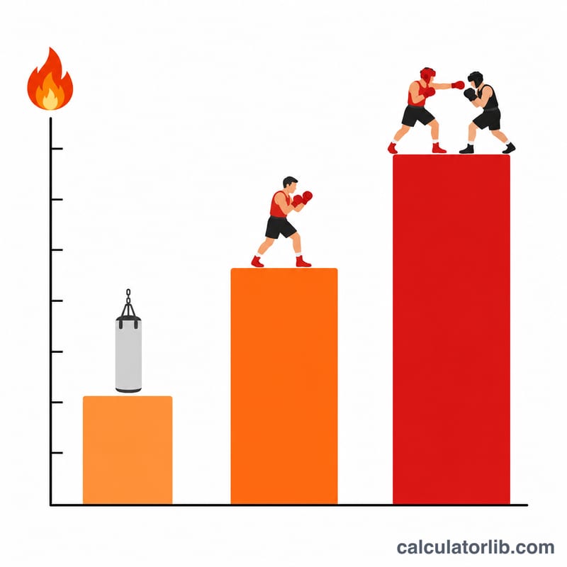 Biểu đồ cột so sánh lượng calo đốt cháy khi đánh bao nhẹ, boxing vừa và đấu tập cường độ cao