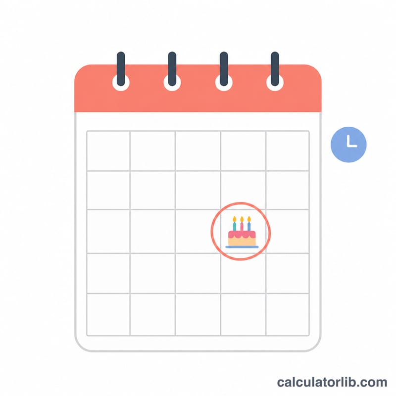 Página de calendario con una fecha rodeada, un pequeño indicador del día de la semana y un icono de pastel