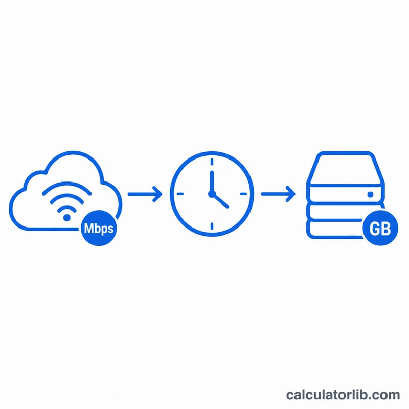 Diagram showing bitrate in megabits per second flowing over one hour converting into gigabytes