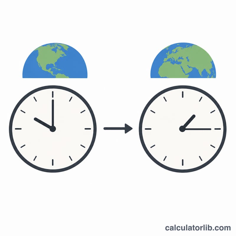 Two clocks showing different local times connected by a conversion arrow