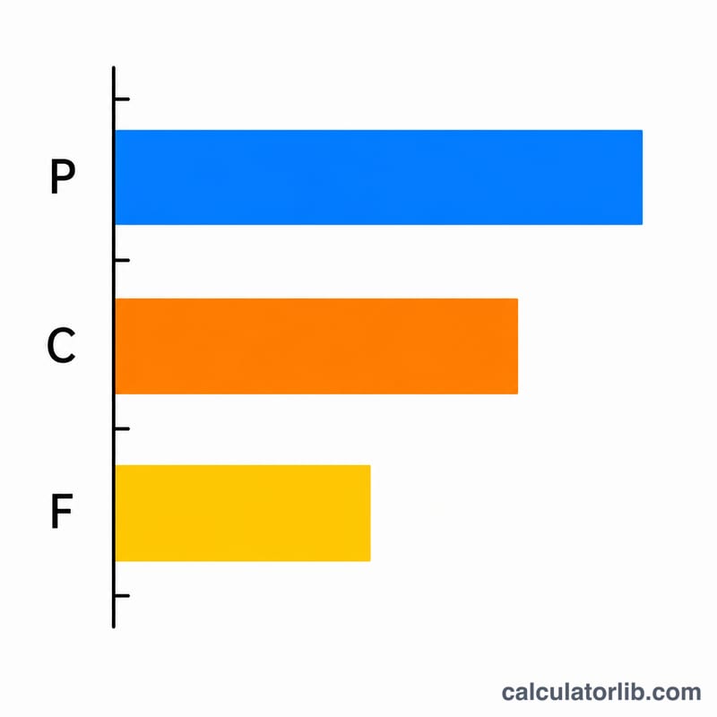 Three horizontal bars comparing grams of protein, carbs, and fat for an example daily intake