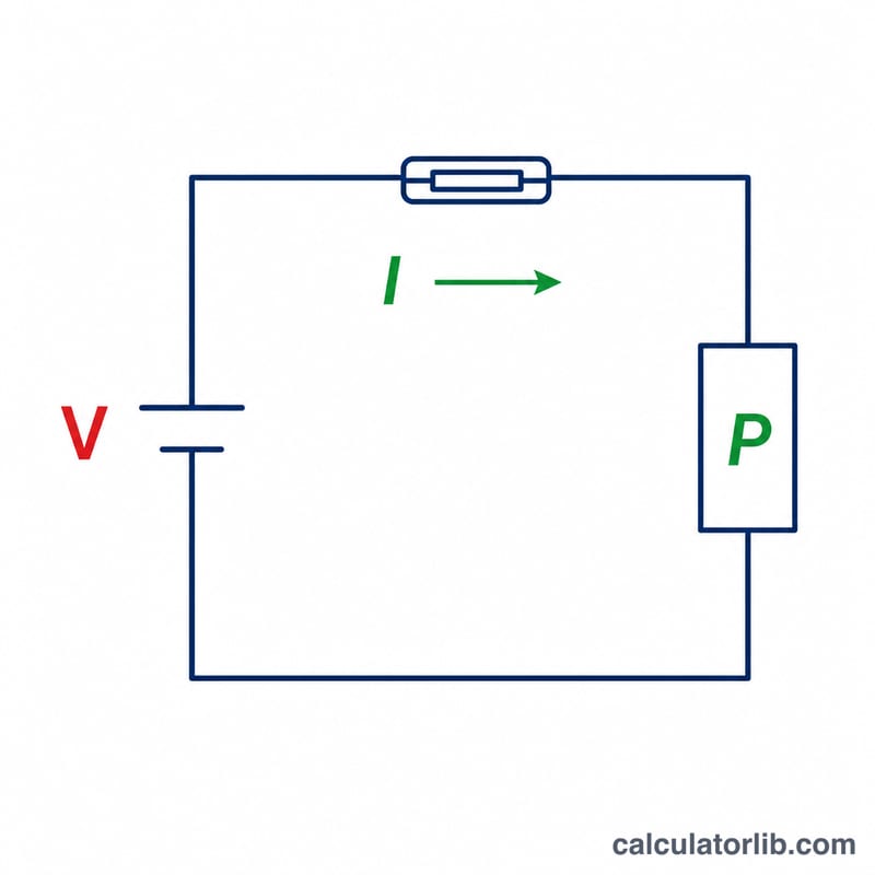 Appliance connected to a circuit showing voltage source, current flow and fuse