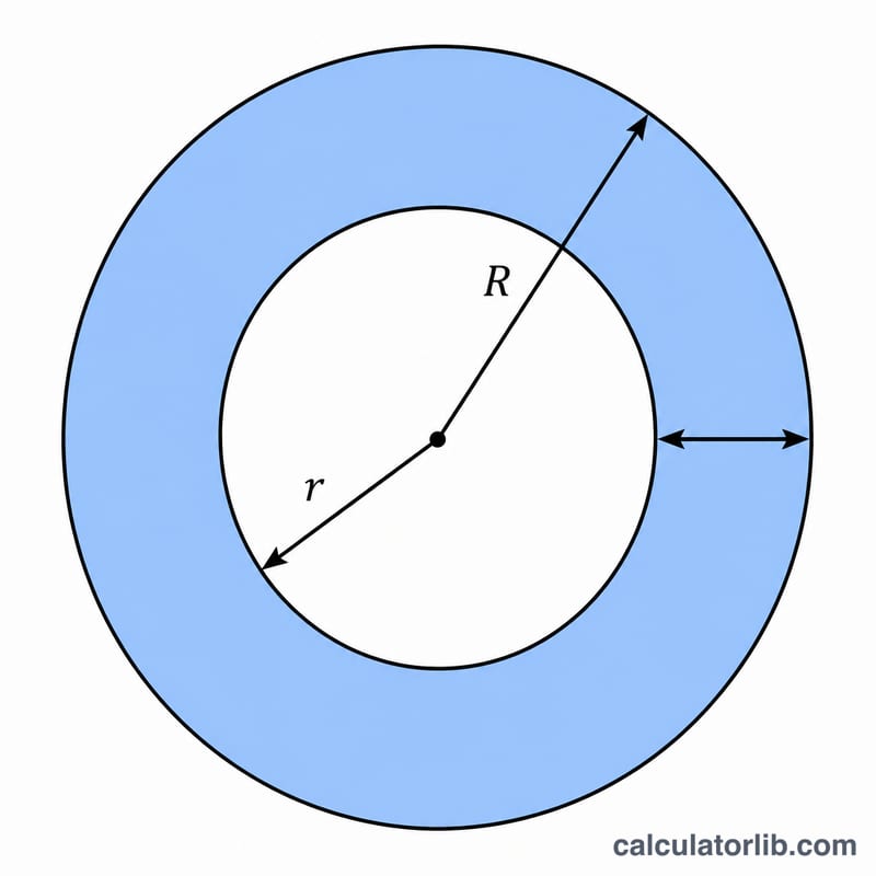Top-down ring cross-section of a tube with outer radius R, inner radius r and wall thickness