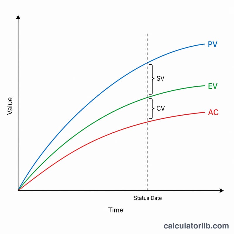 Gráfico de líneas con tres curvas de PV, EV y AC a lo largo del tiempo, que muestra las brechas de variación de costo y cronograma