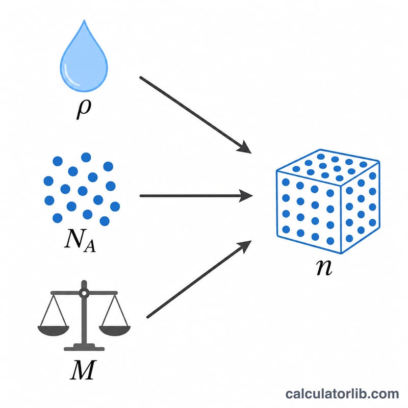 Diagram showing density times Avogadro number divided by molar mass equals number density