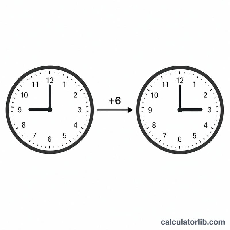 Clock at 9 CST mapped to 15 UTC with a plus six arrow