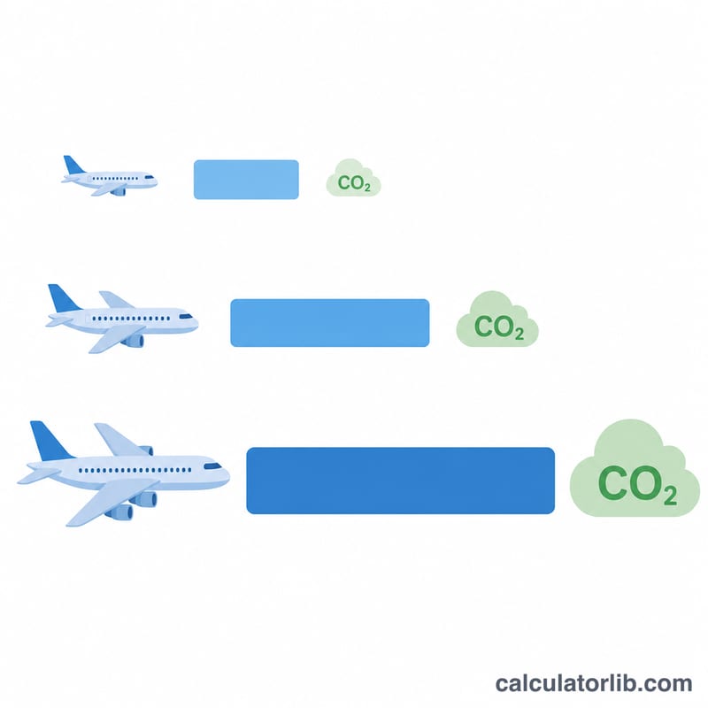 Ba cột so sánh hệ số phát thải CO2 cho chuyến bay ngắn, trung bình và dài