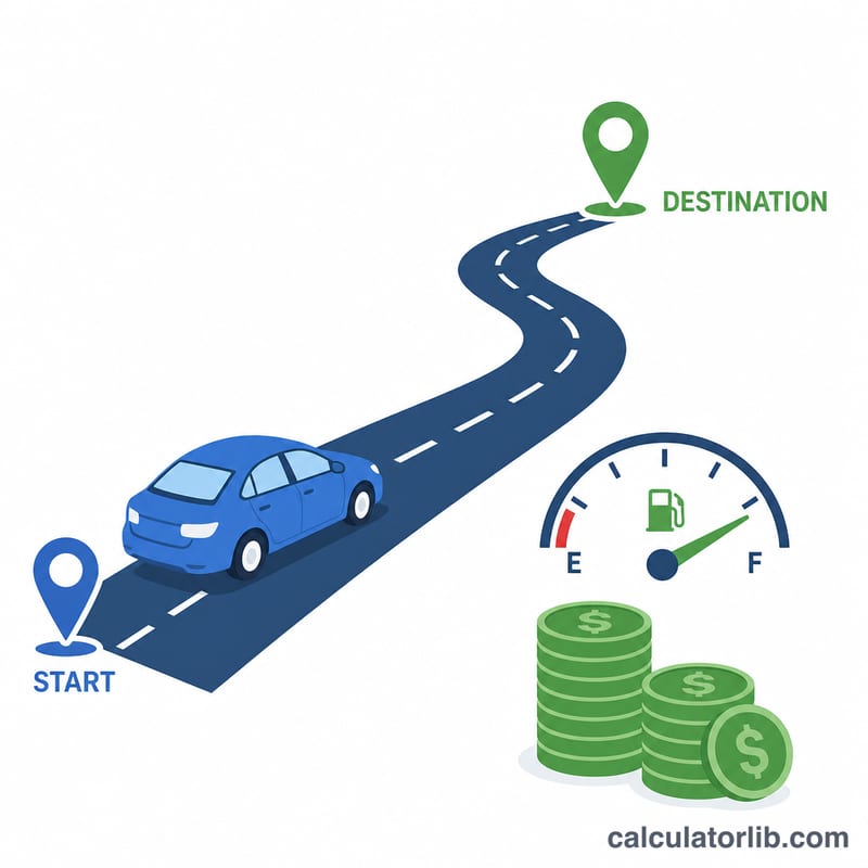 Car traveling a route with fuel gauge and coins representing journey cost
