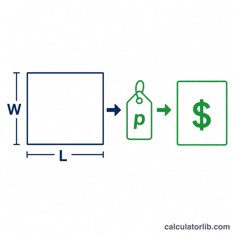 Diagram linking rectangle dimensions and price per foot to a total cost result