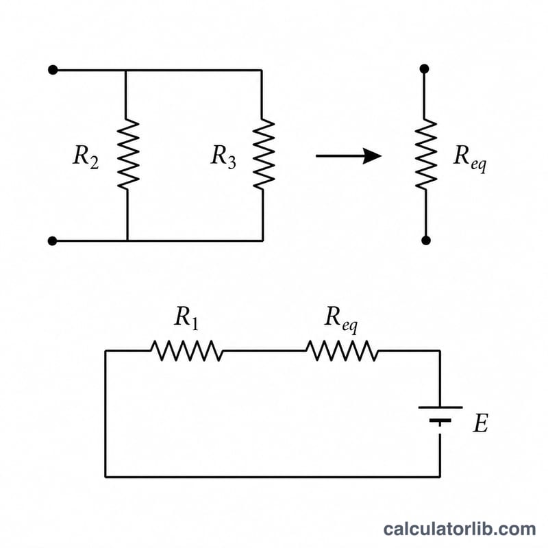 Diagram showing R2 and R3 in parallel combined into one equivalent resistor in series with R1