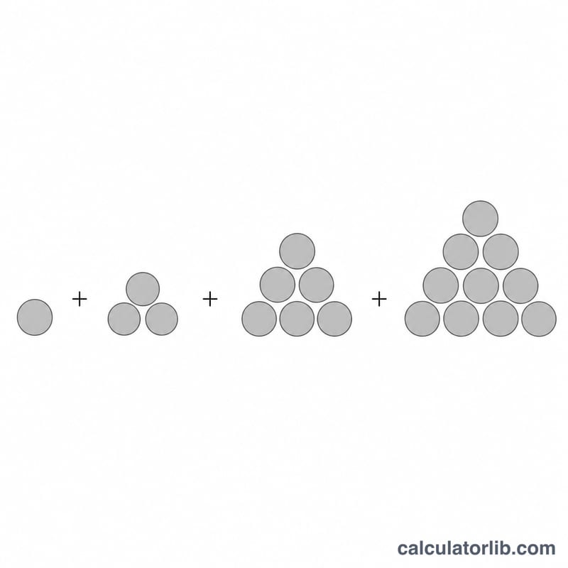 Four separate triangular layers of balls labeled by triangular counts 1, 3, 6, 10