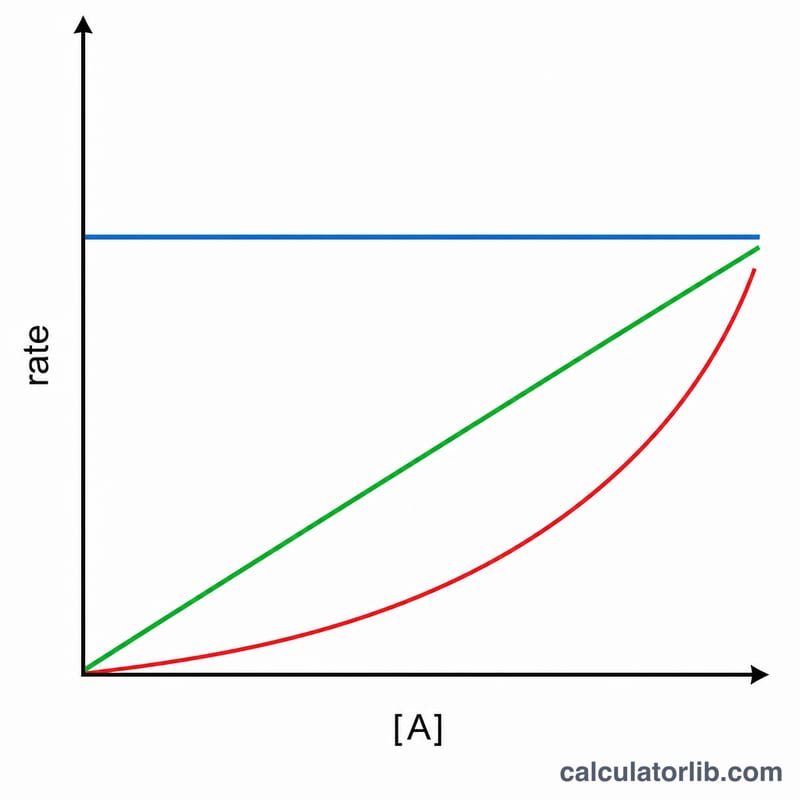 Graph comparing how reaction rate changes with concentration for zero, first, and second order reactions
