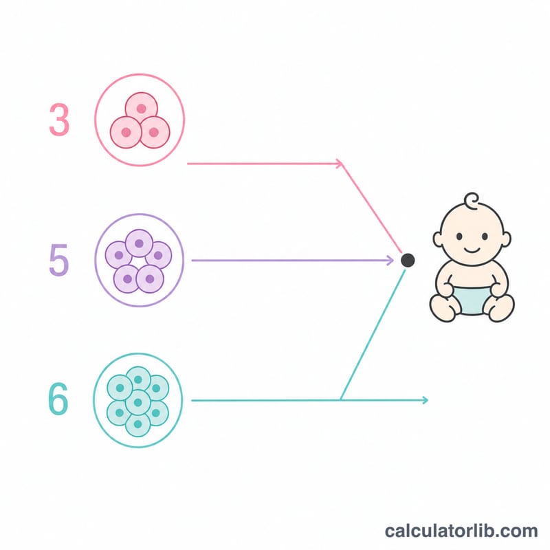 Three embryos at Day 3, Day 5 and Day 6 with offset arrows pointing to the same due date