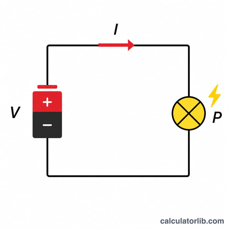 Simple electrical circuit with a battery, current arrow, and labels for power and voltage