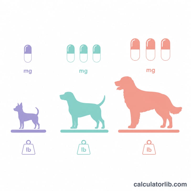 Ilustración plana de tres perros de distintos tamaños con sus pesos aproximados y las dosis de Benadryl correspondientes