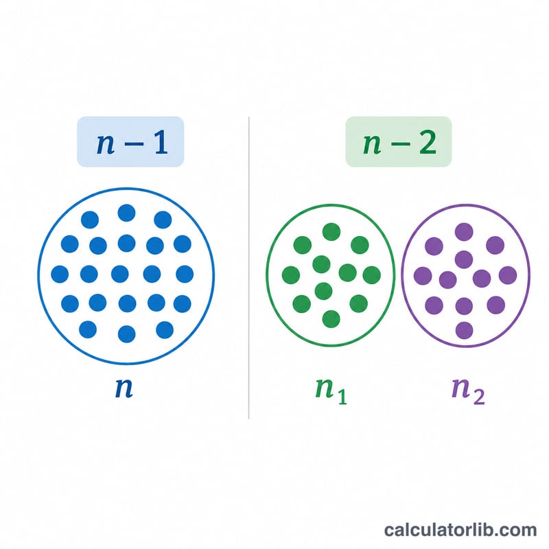 Two formula scenarios shown as flat diagrams: one sample group and two sample groups