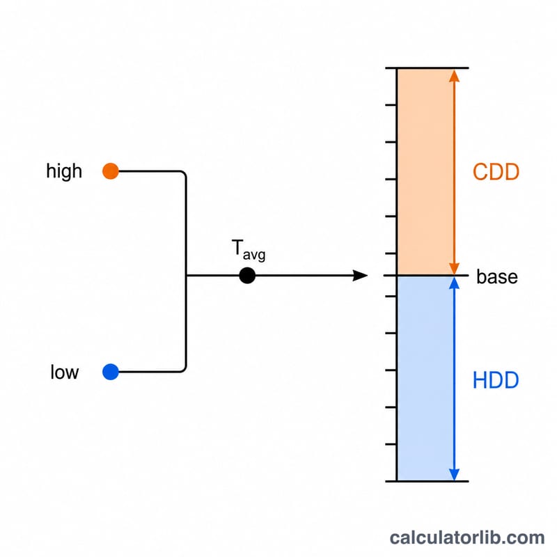 Diagram showing daily high and low averaged to T_avg then compared to base for HDD and CDD