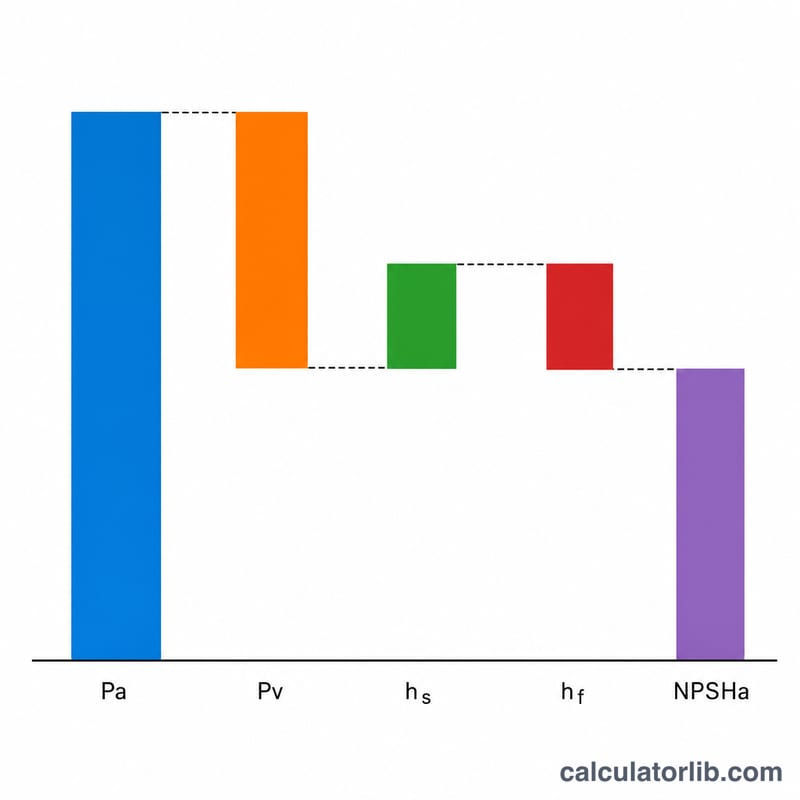 Bar chart showing NPSH available as the net result of adding pressure head and subtracting vapor pressure and losses