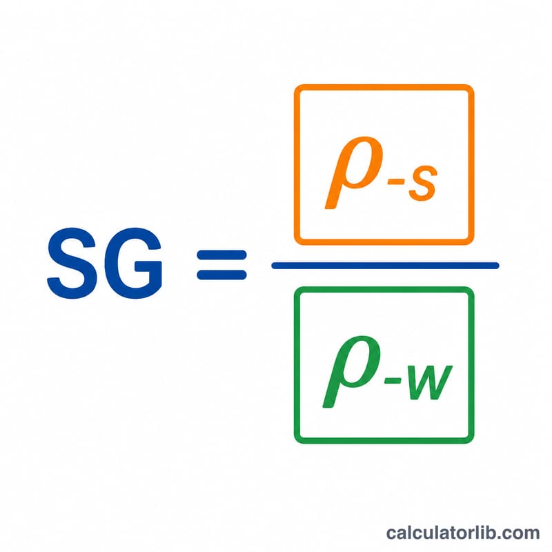 Formula diagram showing specific gravity equals substance density divided by water density