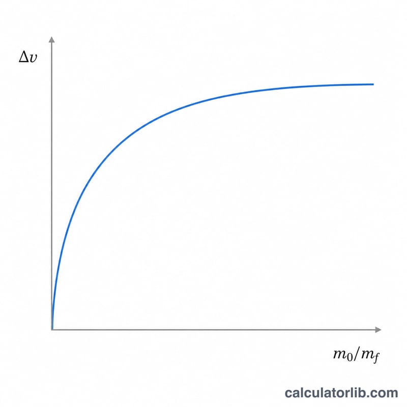 Logarithmic curve of delta-v versus mass ratio rising and flattening