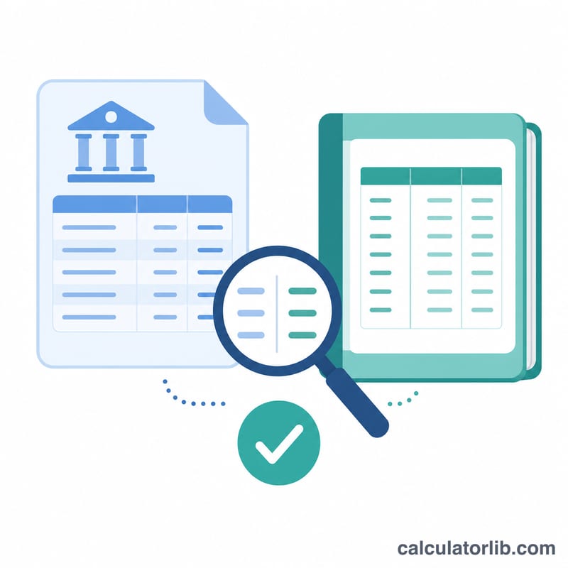 Bank statement and ledger compared with a magnifying glass showing a match