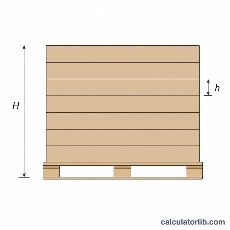 Side view of stacked carton layers on a pallet with usable height and case height marked