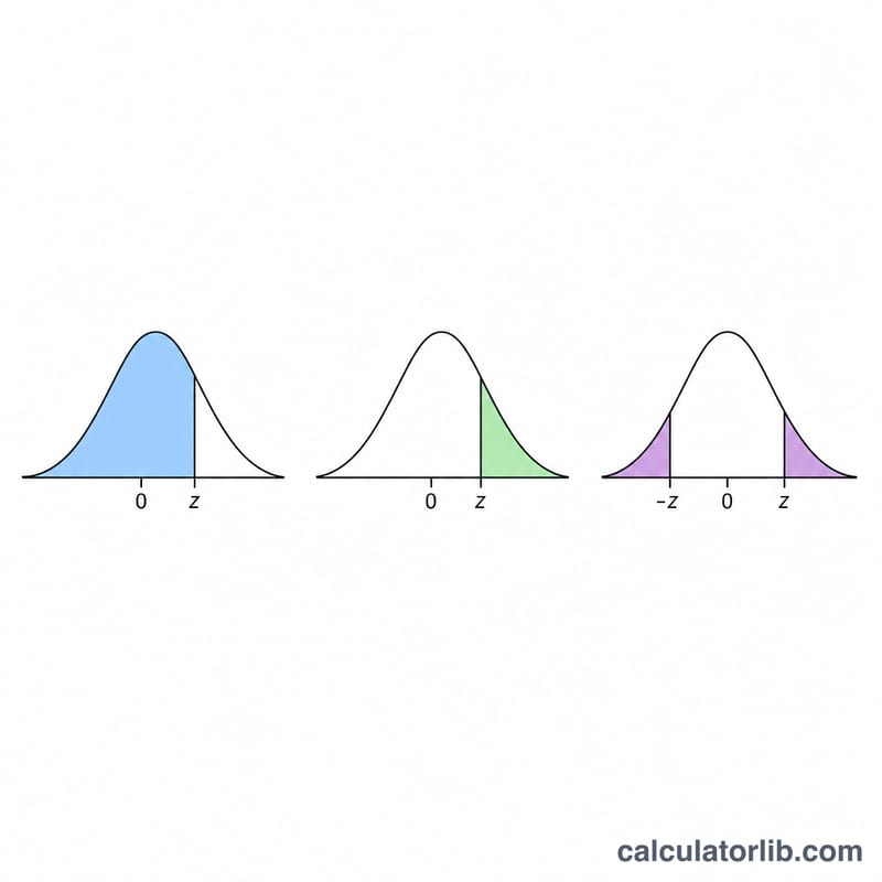 Three bell curves showing left-tail, right-tail, and two-tailed shaded areas