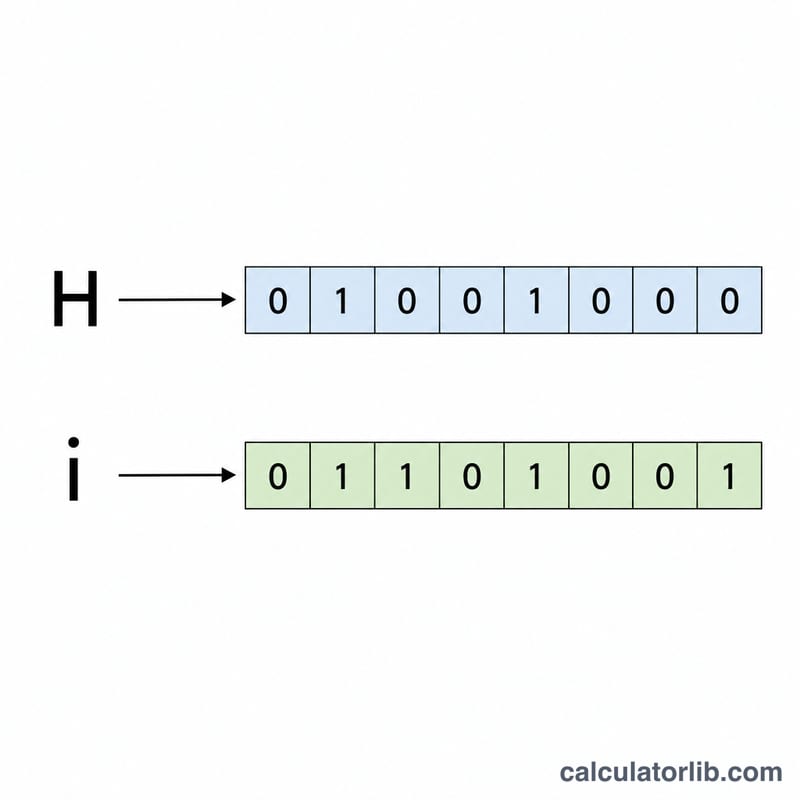 Worked example showing the word Hi broken into two bytes of binary
