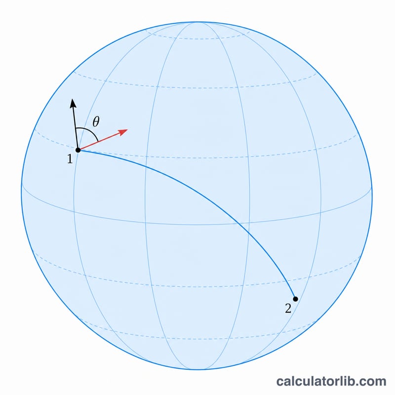 Two points on a globe connected by a great-circle arc with the initial bearing angle