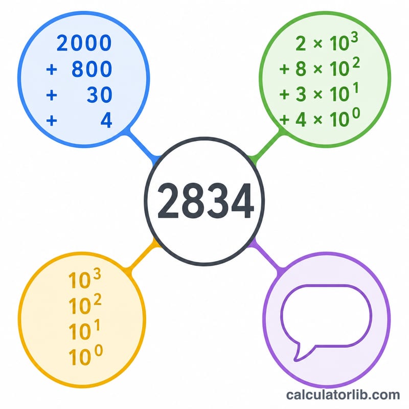 Four parallel representations of the same number: expanded notation, factors, exponential, and words