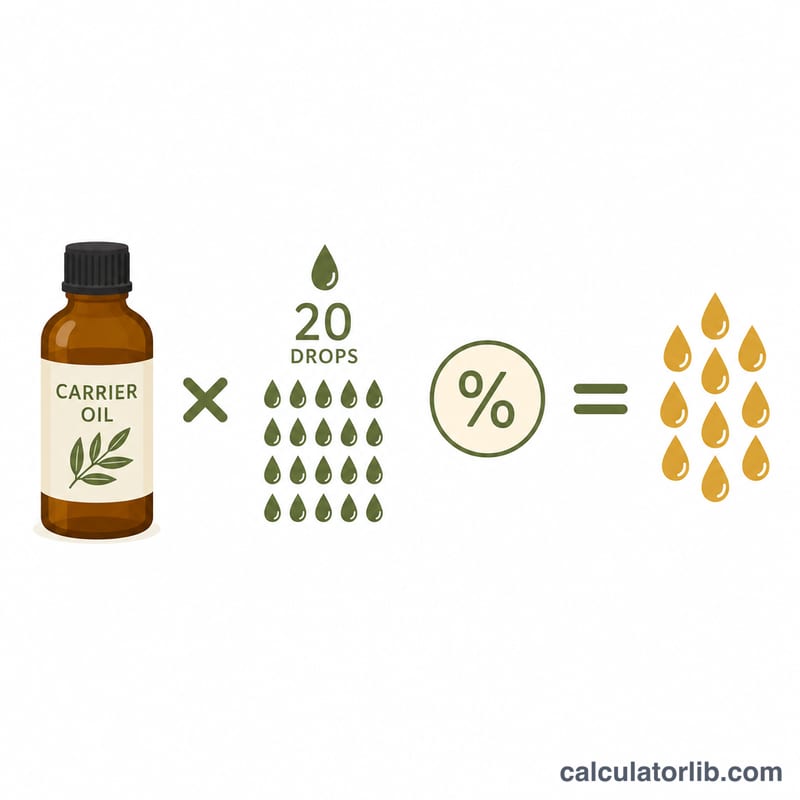 Visual breakdown of the drops formula using carrier volume, 20 drops per ml, and dilution percent