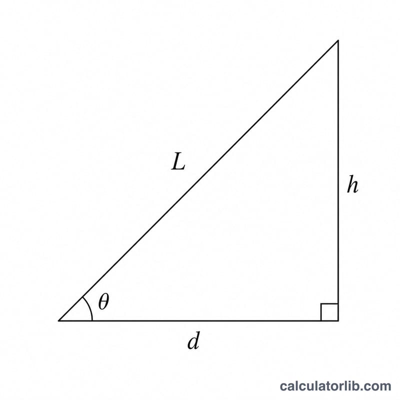 Right triangle with opposite side height, adjacent side distance, hypotenuse line of sight and angle theta