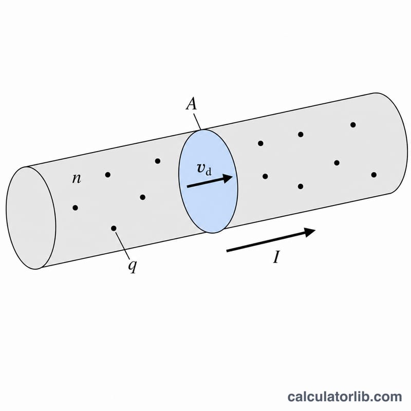 Tiết diện của dây dẫn cho thấy diện tích A và các hạt mang điện đi qua trong một đơn vị thời gian