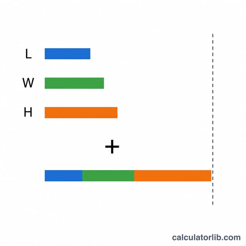 Three measurement bars L, W, H combined into one total bar