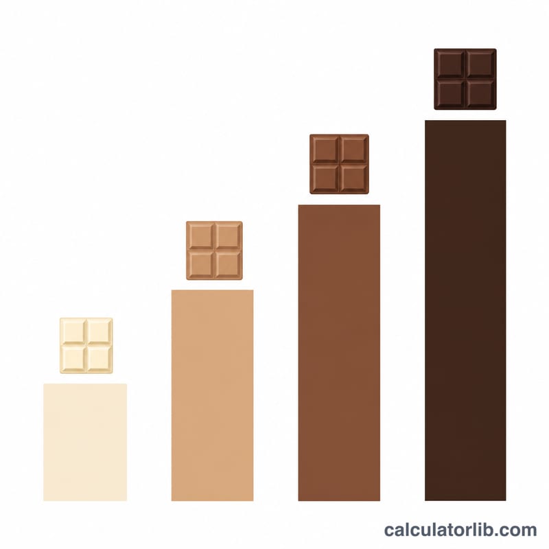 Bar chart comparing theobromine content per gram across white, milk, dark, and baking chocolate