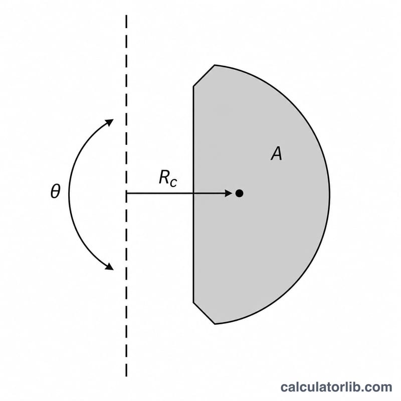 Pappus centroid theorem showing the segment area A, its centroid distance Rc to the axis, and sweep angle theta