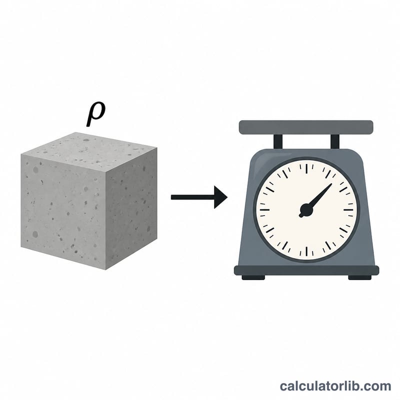 Concrete cube linked by arrow to a weighing scale showing density times volume gives weight