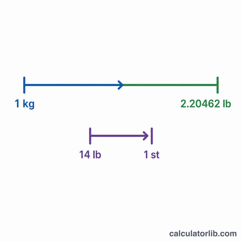 Diagram showing 1 kg equals 2.20462 lb and 14 lb equals 1 stone