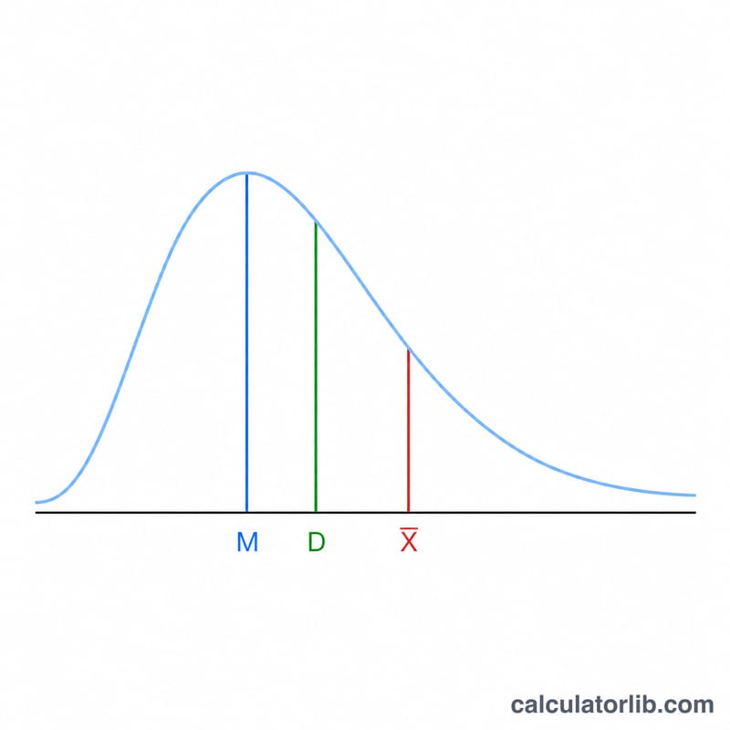 Right-skewed curve showing mode, median and mean positions