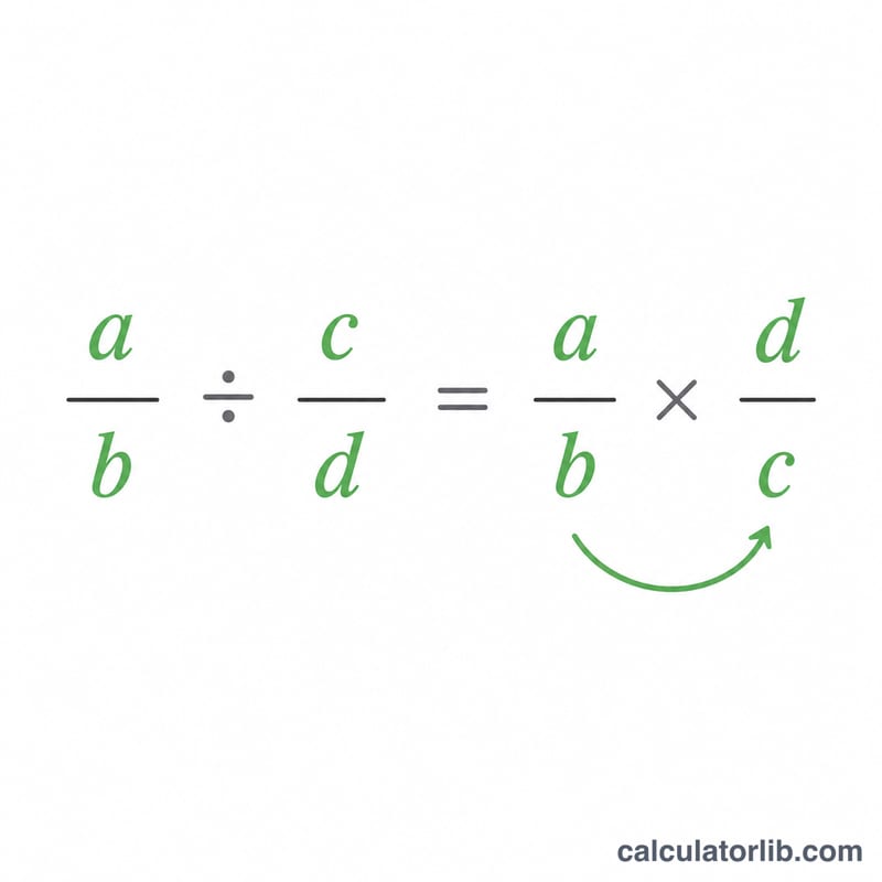 Diagram showing division of fractions a/b divided by c/d flipping the second fraction to multiply