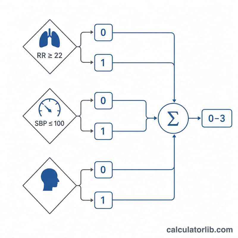 Decision diagram showing each qSOFA threshold contributing zero or one point