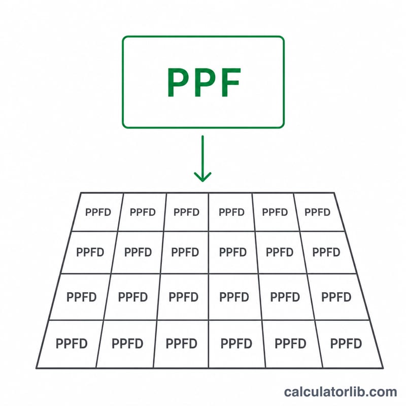 Sơ đồ thể hiện PPF chia PPFD nhân hệ số quy đổi bằng diện tích phủ sáng