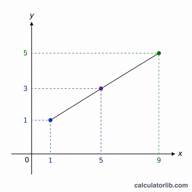 Coordinate plane showing a worked midpoint example with two labeled endpoints and the resulting midpoint
