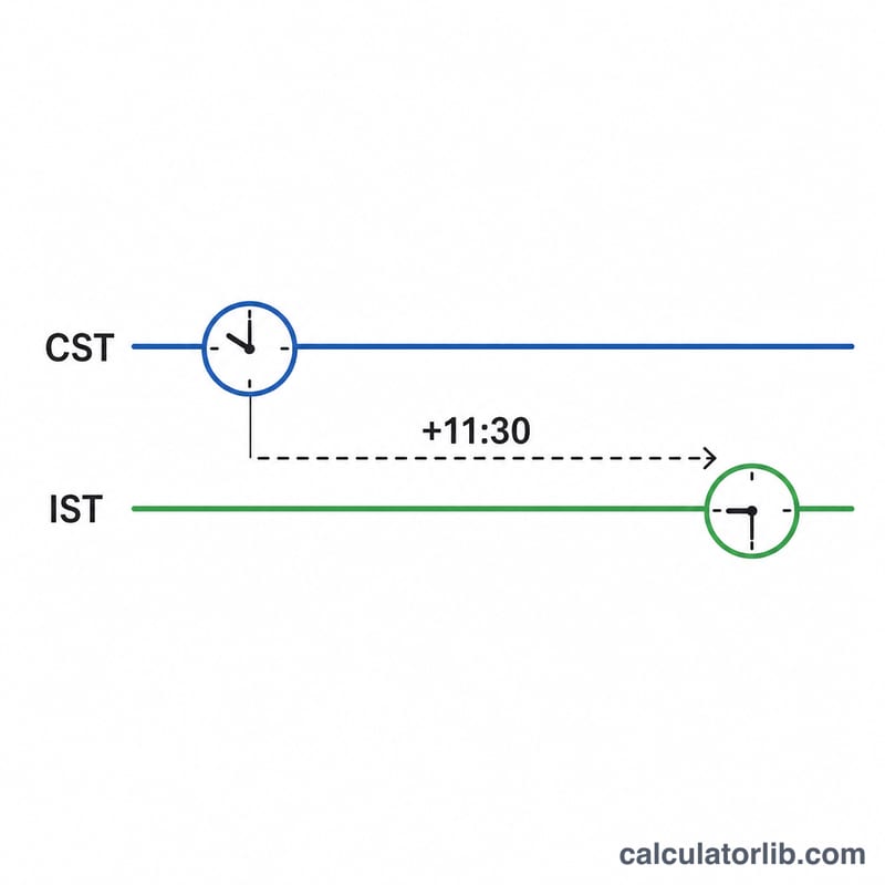 Timeline diagram showing CST shifted forward by 11 hours 30 minutes to reach IST