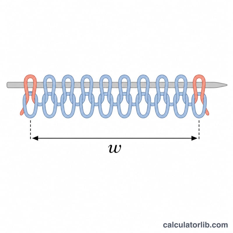 Row of cast-on loops on a needle with edge stitches highlighted and total width marked