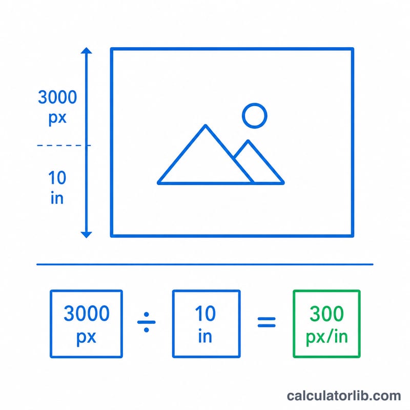 Diagram dividing pixel count by print size in inches to get DPI