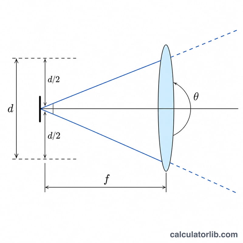 Geometric construction relating sensor size, focal length and half-angle of view