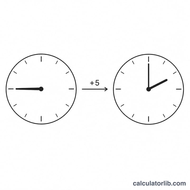 Two clock faces, one showing EST and one showing UTC five hours later