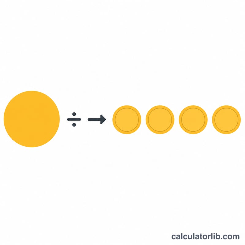 Flat diagram of a bill total being divided equally among four people