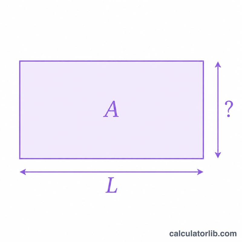 Rectangle showing example values for area and length with the unknown width highlighted